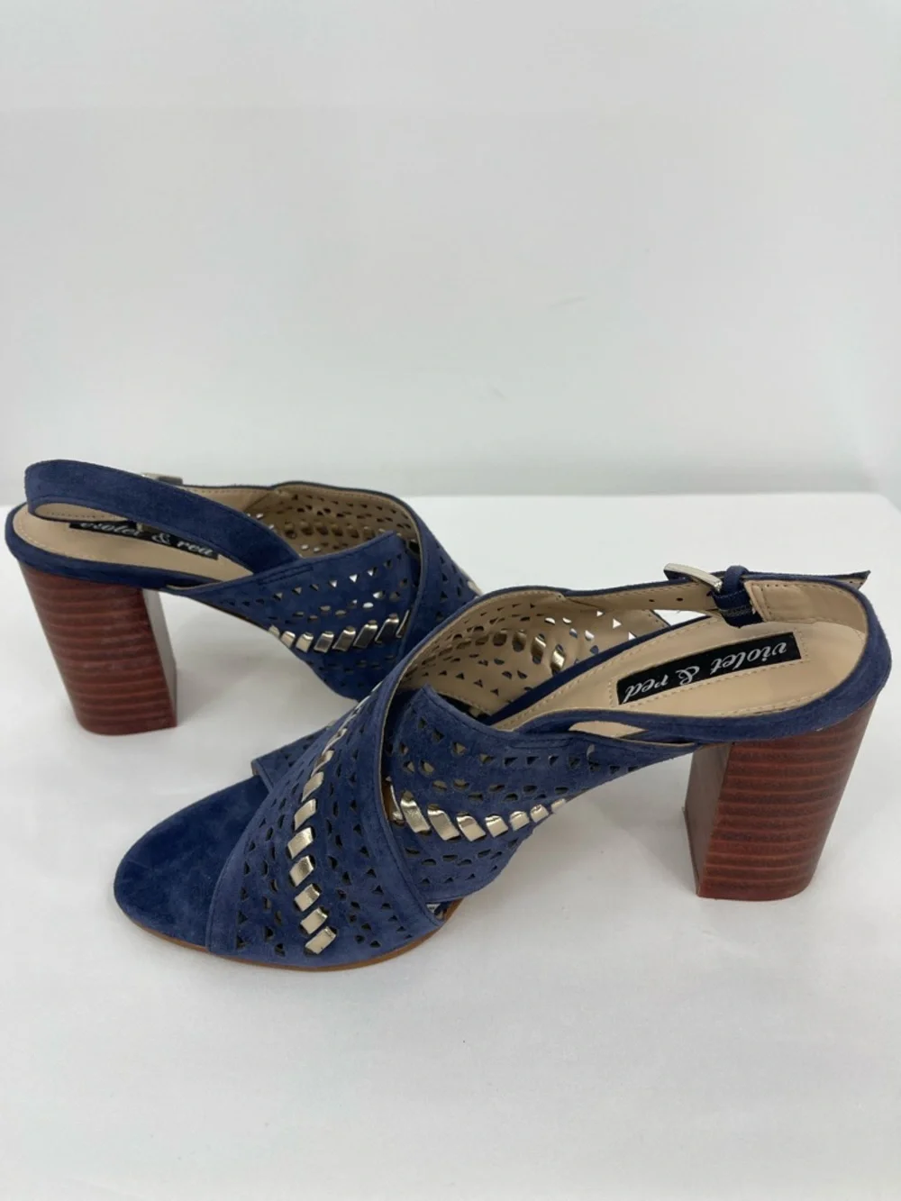 VIOLET & RED Navy Suede Block Heel Slingback Sandals WOMENS SIZE 6.5M